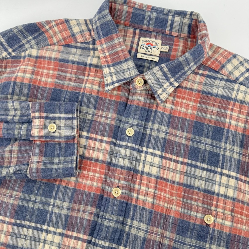 Faherty Plaid Flannel Shirt Mens XXL Blue Red Organic Cotton Stretch Long Sleeve